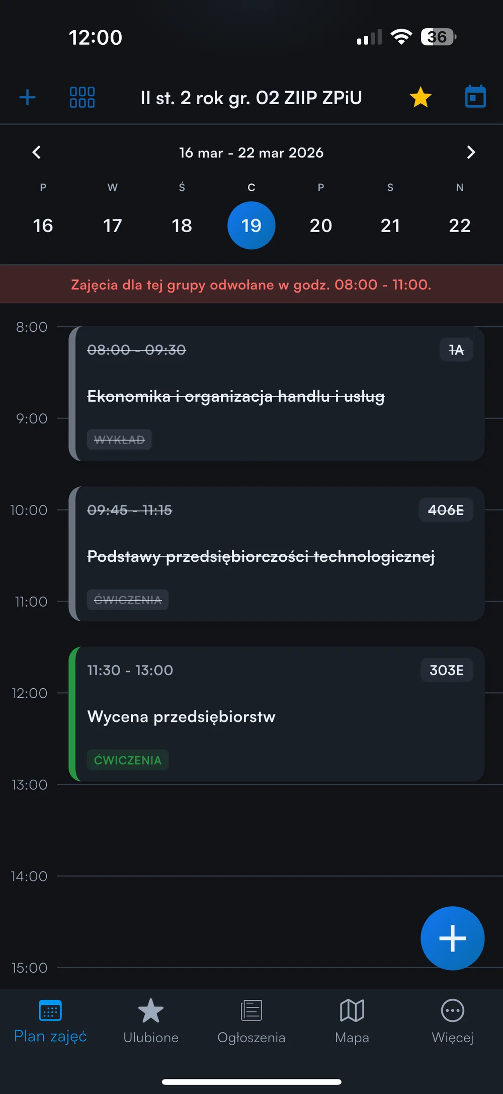 Zmiany i odwołania zajęć